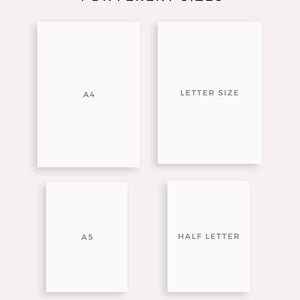 Puede incluir: Cuatro tama&ntilde;os diferentes de hojas de papel en blanco imprimibles: A4, tama&ntilde;o carta, A5 y media carta. El papel es blanco y el texto es negro. El texto "MADE BY MYLIFEPALNS ON ETSY" est&aacute; en la parte inferior de la imagen.