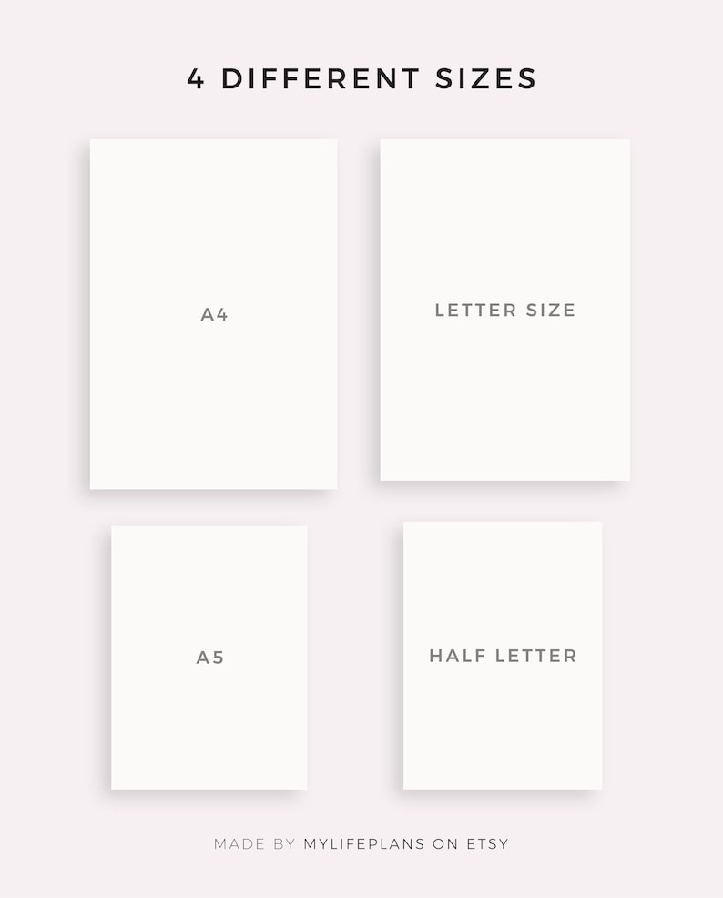 Puede incluir: Cuatro tama&ntilde;os diferentes de hojas de papel en blanco imprimibles: A4, tama&ntilde;o carta, A5 y media carta. El papel es blanco y el texto es negro. El texto "MADE BY MYLIFEPALNS ON ETSY" est&aacute; en la parte inferior de la imagen.