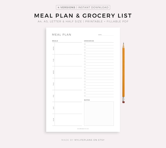 Weekly Meal Planner with Grocery List Printable Template, 7 Day Menu Plan, Food Planner, Health & Fitness, A4/A5/Letter/Half