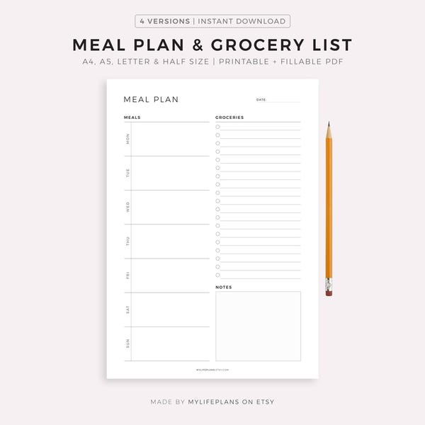 Wekelijkse maaltijdplanner met afdrukbare sjabloon boodschappenlijst, menuplan 7 dagen, voedselplanner, gezondheid en fitness, A4/A5/Letter/Half