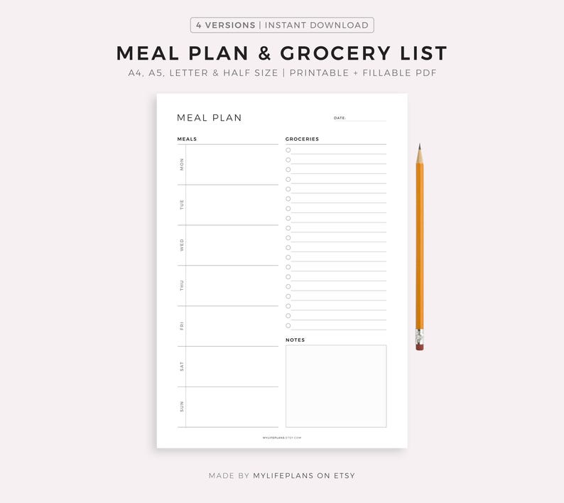Weekly Meal Planner with Grocery List Printable Template, 7 Day Menu Plan, Food Planner, Health & Fitness, A4/A5/Letter/Half image 1