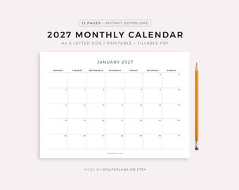 2027 Monthly Calendar Landscape, Printable Calendar Template, Minimalist Calendar, Year Calendar, Monday/Sunday Start, A4/Letter