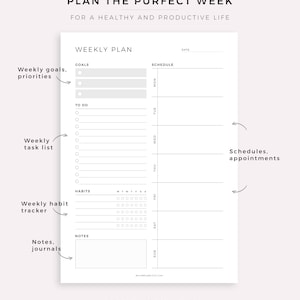May include: A printable weekly planner with sections for goals, to-do lists, a habit tracker, notes, and a daily schedule. The planner is designed in a minimalist style with a gray and white color scheme.