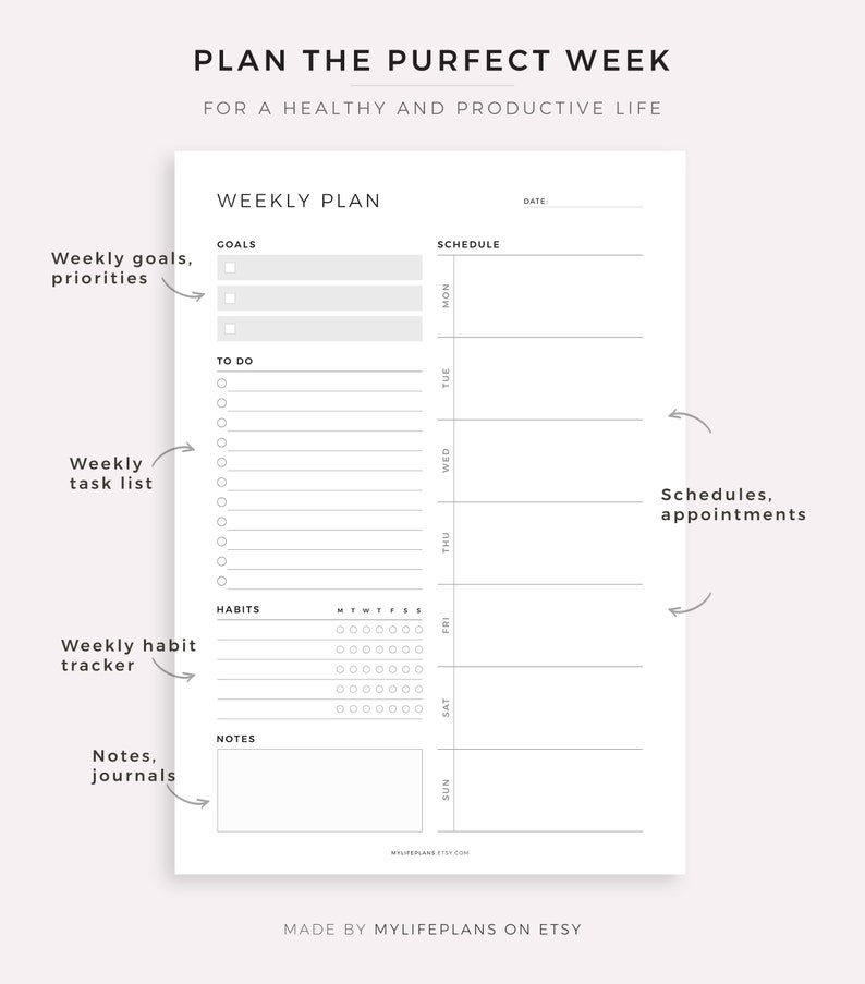 May include: A printable weekly planner with sections for goals, to-do lists, a habit tracker, notes, and a daily schedule. The planner is designed in a minimalist style with a gray and white color scheme.