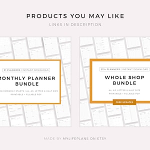 May include: Two digital product listings for printable monthly and yearly planners. The listing on the left is for a bundle of 51 monthly planners, and the listing on the right is for a bundle of 215 planners. Both listings include the text "Instant Download", "Printable", and "Fillable PDF".
