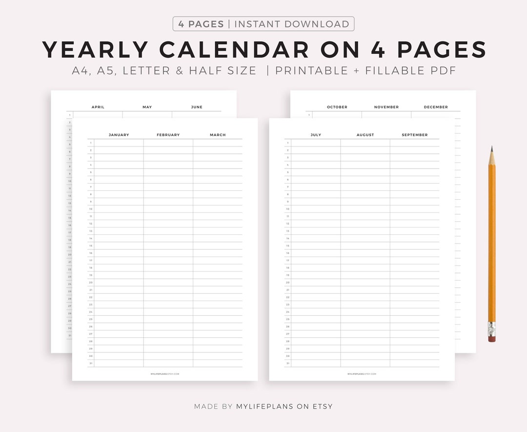 Year Calendar on Four Pages Printable, Quarterly Overview, Yearly