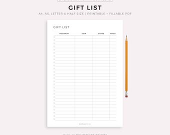 Gift List Planner Printable, Gift Ideas, Gift Tracker, Gift Shopping List, A4/A5/Letter/Half Size, Printable & Fillable
