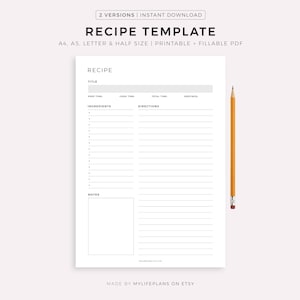 Recipe Template Printable, Recipe Book, Blank Recipe Page, Recipe Card, Home Cook Book Journal, Recipe Organizer, A4/A5/Letter/Half Size