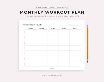 Monthly Workout Planner, Landscape, Printable for Happy Planner Classic and Big, Instant Download PDF