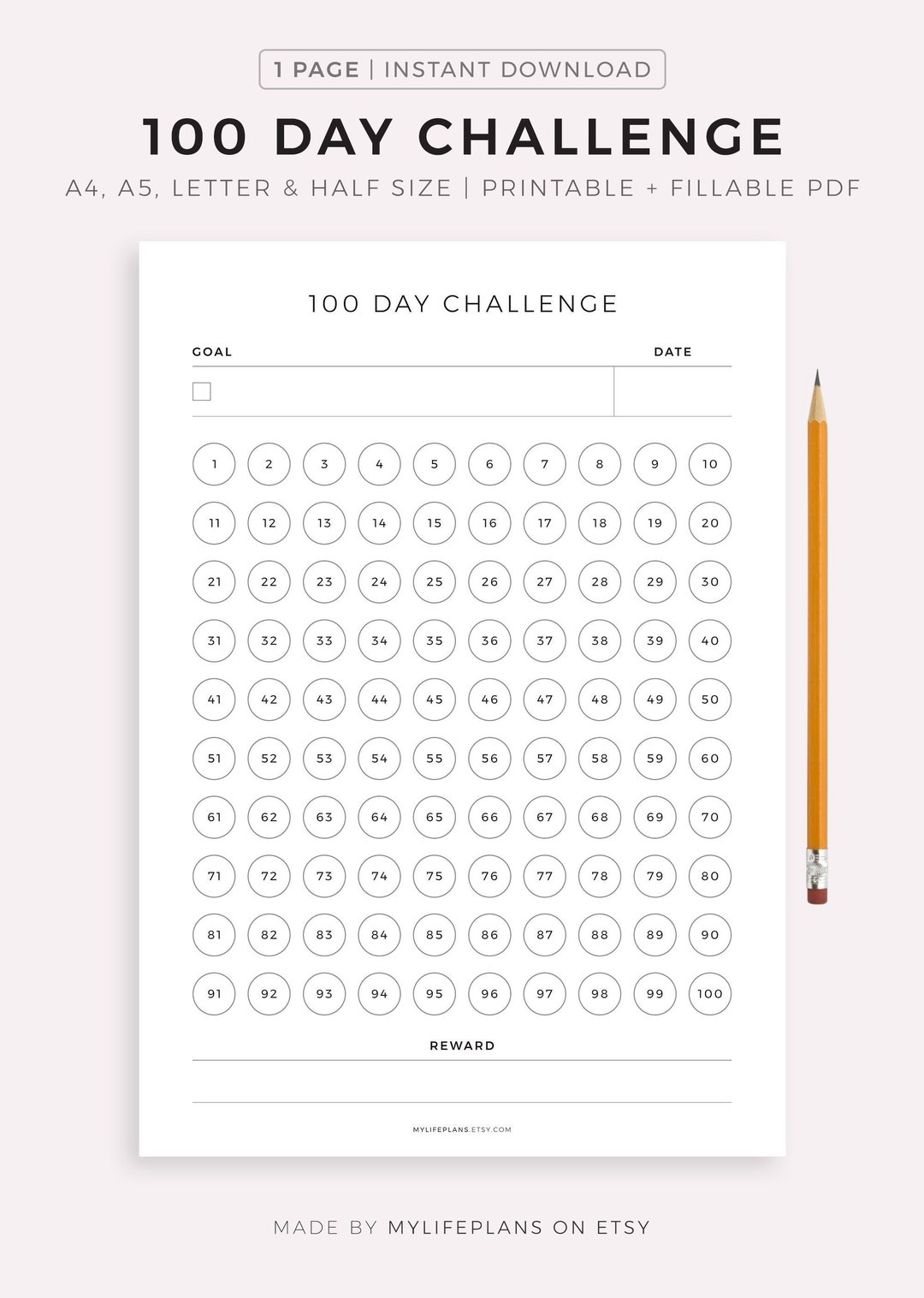 100 Day Challenge, Goal Setting, Progress Tracker, Habit Forming, A4/a5