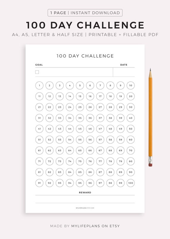 Buy 100 Day Challenge, Goal Setting, Progress Tracker, Habit.