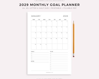 2029 Monthly Goal Planner, Monthly To Do List, Monthly Organizer, Monthly Agenda, Month at a Glance, Printable & Fillable, A4/A5/Letter/Half