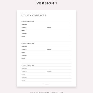 May include: A printable utility contacts list with three sections for recording company, website, email, address, phone number, and notes for each utility or service.