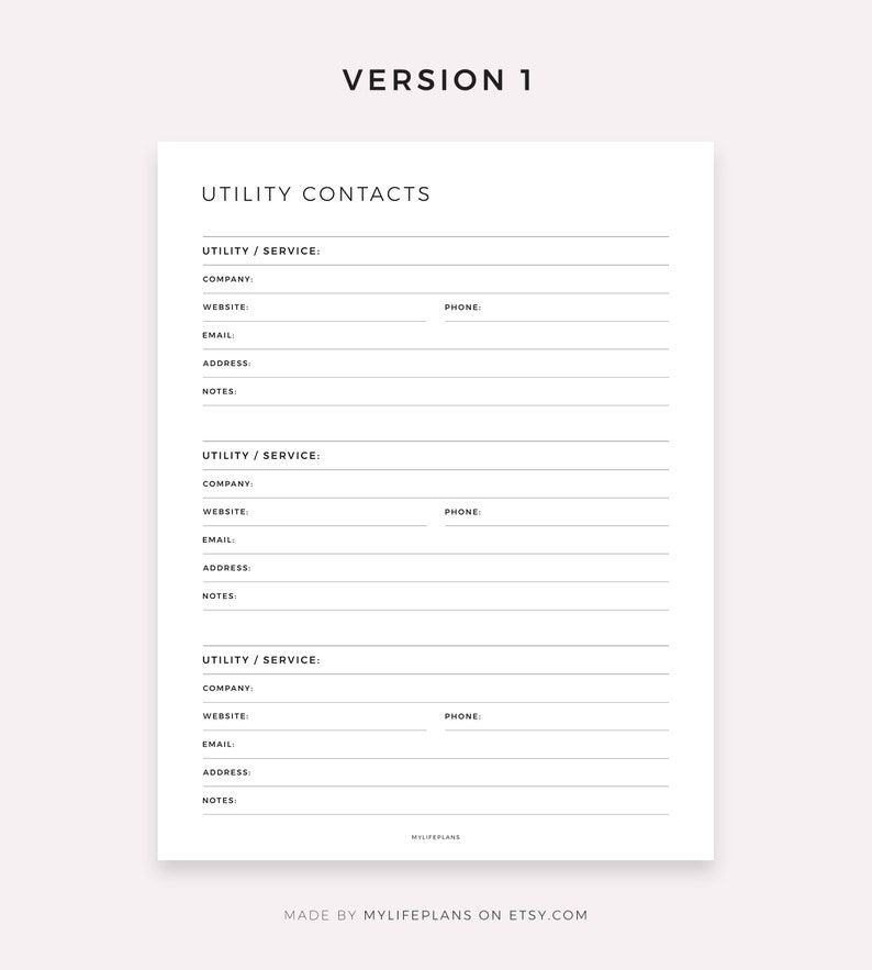May include: A printable utility contacts list with three sections for recording company, website, email, address, phone number, and notes for each utility or service.