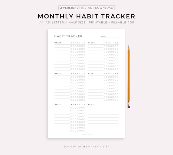 Monthly Habit Tracker Printable, Habit Tracker Template, Routine Tracker, Goal Tracker A4/Letter/A5/Half, Instant Download PDF