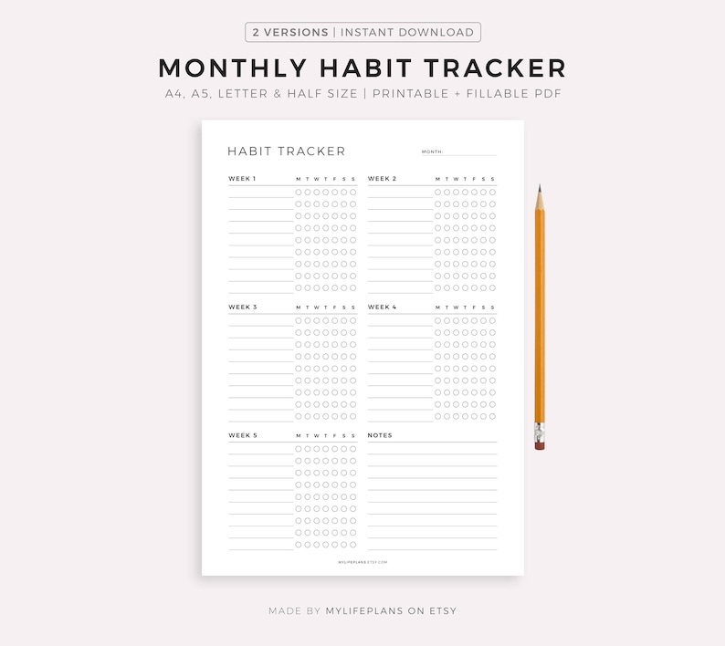 Monthly Habit Tracker Printable, Habit Tracker Template, Routine Tracker, Goal Tracker A4/Letter/A5/Half, Instant Download PDF image 1