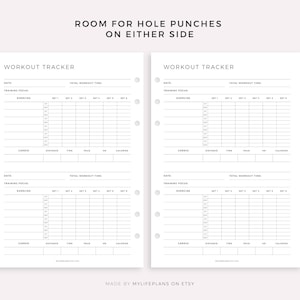 May include: Printable workout tracker with space for date, training focus, exercises, sets, reps, cardio, distance, time, pace, weight, and calories. The tracker has room for hole punches on either side.
