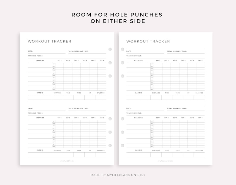 May include: Printable workout tracker with space for date, training focus, exercises, sets, reps, cardio, distance, time, pace, weight, and calories. The tracker has room for hole punches on either side.