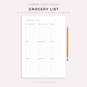 Grocery List Printable Template, Grocery Planner, Food Shopping List, A4/A5/Letter/Half Size, Instant Download PDF