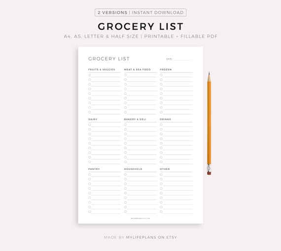 Grocery List Printable Template, Grocery Planner, Food Shopping List, A4/A5/Letter/Half Size, Instant Download PDF
