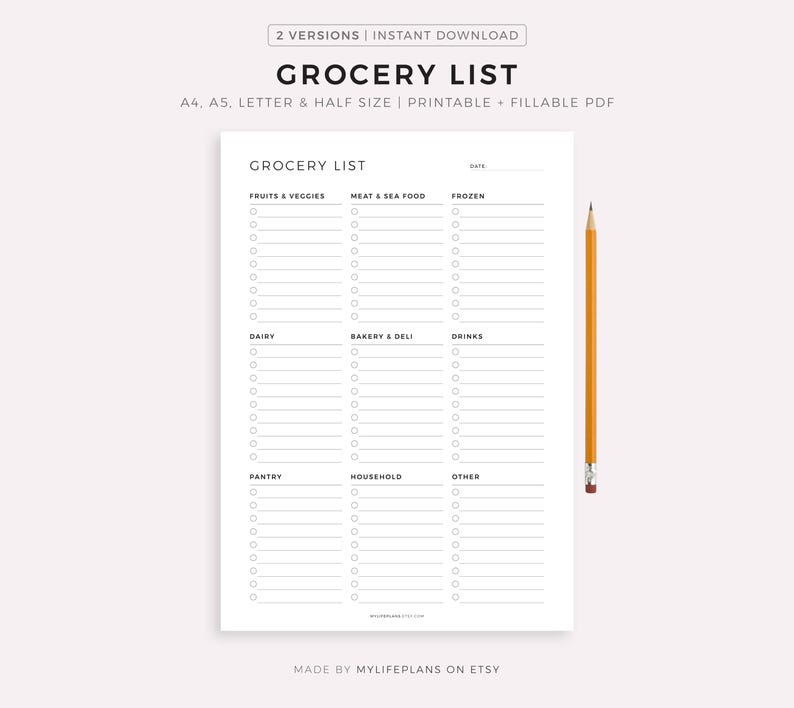 Grocery List Printable Template, Grocery Planner, Food Shopping List, A4/A5/Letter/Half Size, Instant Download PDF image 1