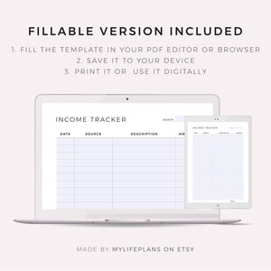 Peut inclure: Une maquette num&eacute;rique d'un ordinateur portable et d'une tablette affichant un mod&egrave;le de suivi des revenus imprimable. Le mod&egrave;le comporte des colonnes pour la date, la source, la description, le montant et les notes. Le texte "INCOME TRACKER" est en haut du mod&egrave;le. Le texte "MADE BY MYLIFEPLANS ON ETSY" est en bas de l'image.