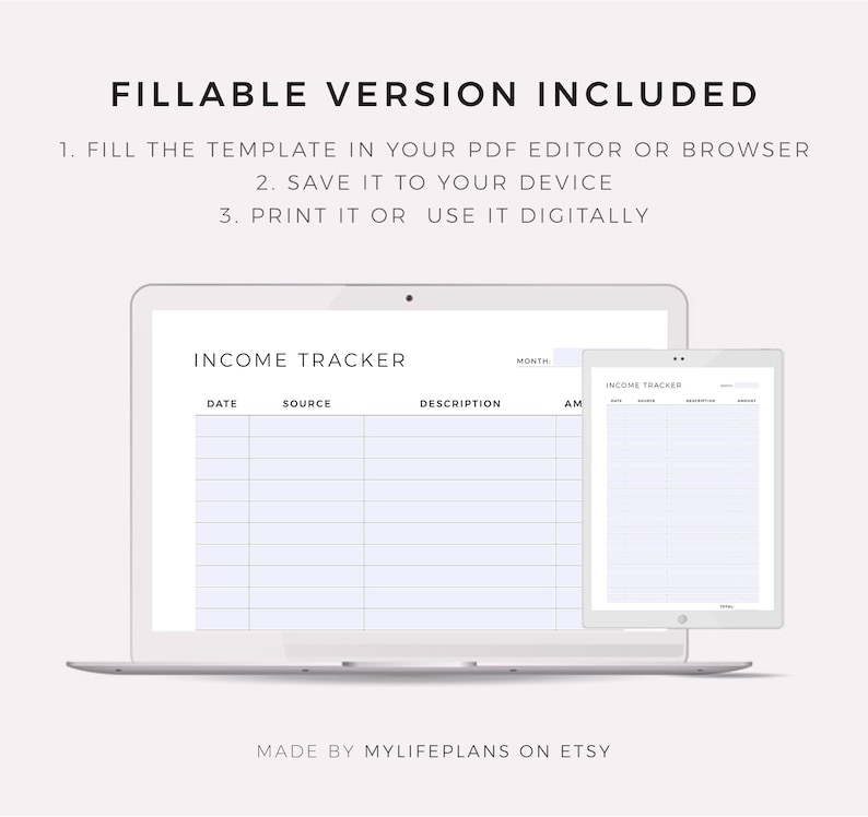 Peut inclure: Une maquette num&eacute;rique d'un ordinateur portable et d'une tablette affichant un mod&egrave;le de suivi des revenus imprimable. Le mod&egrave;le comporte des colonnes pour la date, la source, la description, le montant et les notes. Le texte "INCOME TRACKER" est en haut du mod&egrave;le. Le texte "MADE BY MYLIFEPLANS ON ETSY" est en bas de l'image.