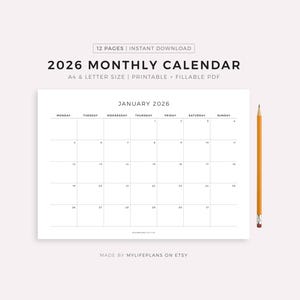 Puede incluir: Un calendario mensual minimalista de 2026 con un diseño de cuadrícula simple, que presenta el mes de enero. El calendario está impreso en papel blanco, con un lápiz en el lado derecho. El texto incluye "Calendario Mensual 2026" y "Enero 2026".