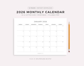Calendário Mensal 2026 Paisagem, Modelo de Calendário para Imprimir, Calendário Minimalista, Calendário Anual, Início Segunda/Domingo, A4/Carta