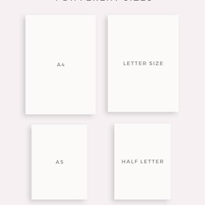 May include: Four rectangular paper sizes are displayed against a light pink background. The sizes are A4, Letter Size, A5, and Half Letter. The text "4 DIFFERENT SIZES" is at the top, and "MADE BY MYLIFEPLANS ON ETSY" is at the bottom.