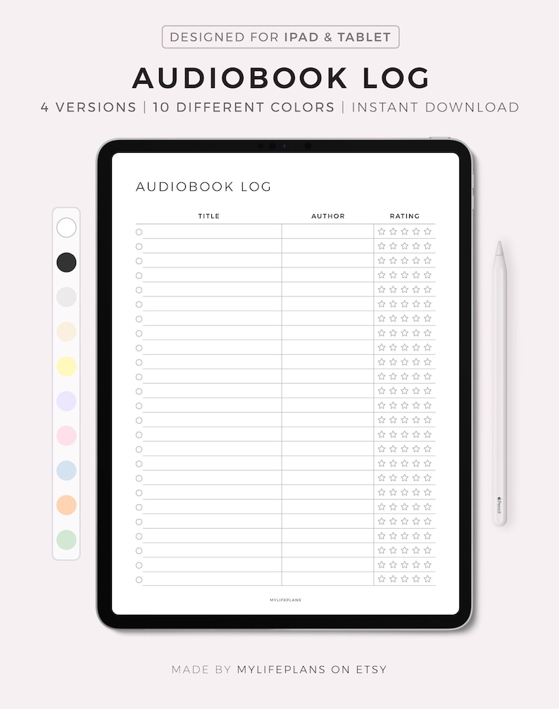 May include: A digital planner template for an iPad or tablet, designed for tracking audiobook listening. The template has columns for title, author, and rating, with a five-star rating system. The template is designed in a minimalist style with a white background and black text.