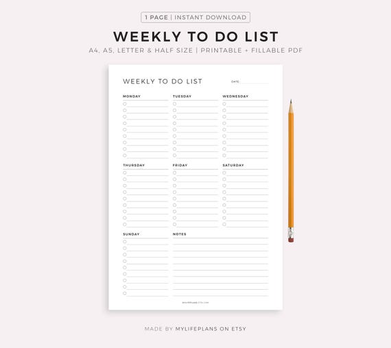Weekly To Do List Printable, Weekly Task List Template, Weekly Planner, A4/A5/Letter/Half, Instant Download PDF