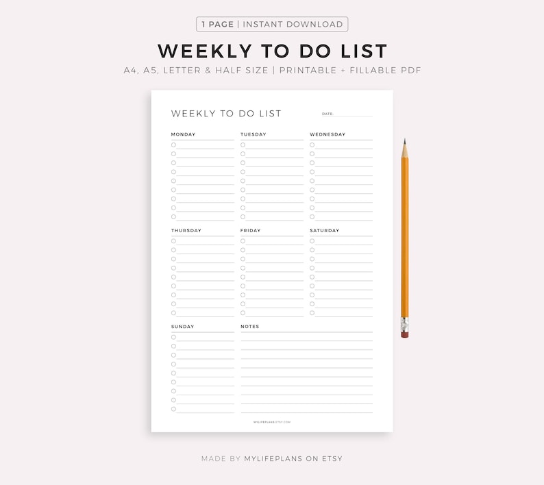 May include: A white weekly to-do list printable with sections for each day of the week, plus a notes section. The text "WEEKLY TO DO LIST" is at the top. A yellow pencil is on the right side of the page.