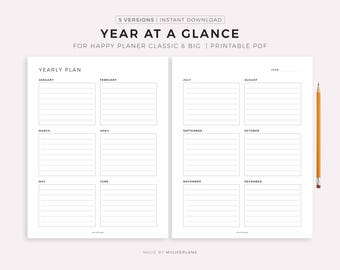 Year At a Glance Planner on Two Pages for Happy Planner Classic & Big, Printable PDF, Instant Download