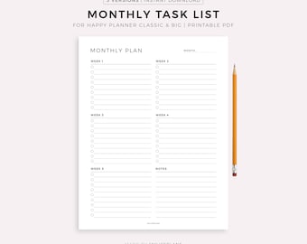 Monthly Task List Planner for Happy Planner Classic & Big, Printable PDF, Instant Download