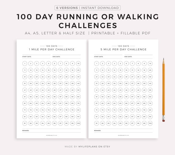 100 Day Running or Walking Challenge Printable Daily Workout Challenge Health Fitness Goals A4 a5 letter half Size Etsy