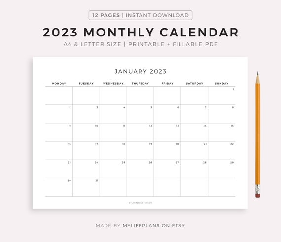 2023 Monthly Calendar Landscape Printable Calendar Template - Etsy