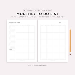 Monthly To Do List on Two Pages, Productivity Monthly Planner Printable, Monthly Agenda, Month At a Glance, Undated Minimal Monthly Inserts