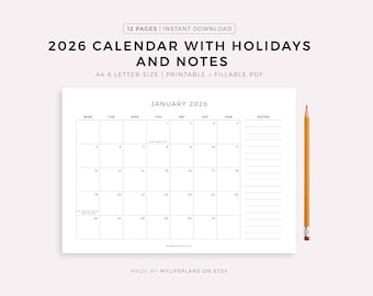 Maandkalender 2026 met feestdagen en notities, afdrukbare kalendersjabloon invulbaar, minimalistische kalender, jaarkalender, liggend, A4/Letter