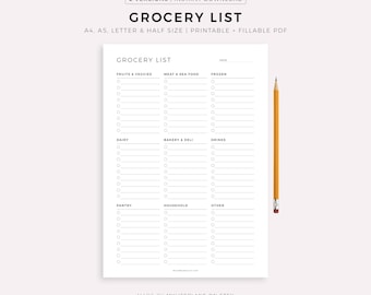 Printable Grocery List Template, Grocery Planner, Food Shopping List, A4/A5/Letter/Half Size, Instant Download PDF