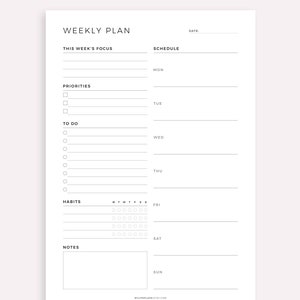 May include: A black and white printable weekly planner with sections for "This Week's Focus", "Priorities", "To Do", "Habits", "Notes", and a daily schedule from Monday to Sunday. The planner includes a habit tracker with checkboxes for each day of the week.