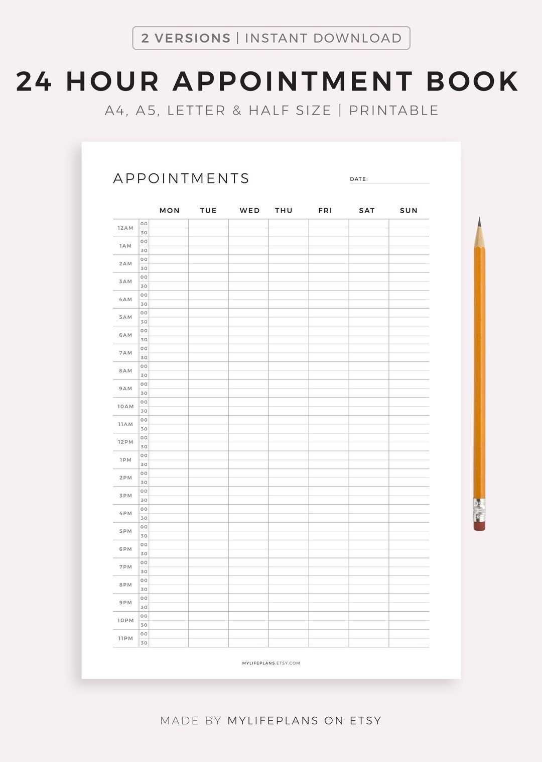 24 Hour Appointment Book Printable, Appointment Reminder, Meeting
