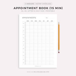 Appointment Book 15 Minute Intervals, Appointment Reminder, Meeting Tracker, Week At a Glance, A4/A5/Letter/Half Size, Instant Download PDF