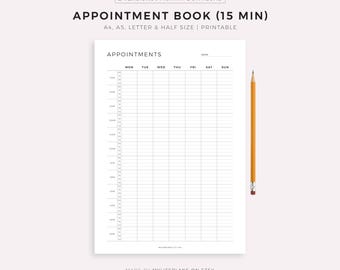 Appointment Book 15 Minute Intervals, Appointment Reminder, Meeting Tracker, Week At a Glance, A4/A5/Letter/Half Size, Instant Download PDF