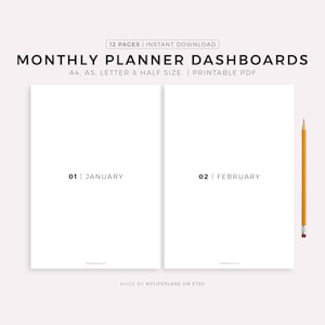 Minimalist Monthly Dashboards Printable, Monthly Dividers, Planner Dashboard Inserts,  A4/A5/Letter/Half, Instant Download