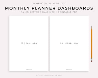 Minimalist Monthly Dashboards Printable, Monthly Dividers, Planner Dashboard Inserts,  A4/A5/Letter/Half, Instant Download