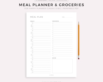 Weekly Meal Planner with Grocery List, Printable Template for Happy Planner Classic and Big, Instant Download PDF