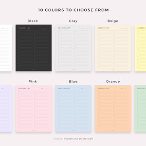 Op de afbeelding: Tien verschillende gekleurde sjablonen voor boodschappenlijstjes. De kleuren zijn wit, zwart, grijs, beige, geel, paars, roze, blauw, oranje en groen. Elk sjabloon heeft bovenaan de tekst "Grocery List".