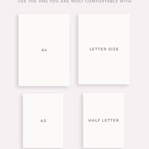 May include: Four blank white paper rectangles with text indicating the sizes available: A4, Letter Size, A5, and Half Letter. The text "AVAILABLE IN 4 SIZES" is at the top of the image. The text "USE THE ONE YOU ARE MOST COMFORTABLE WITH" is below the text "AVAILABLE IN 4 SIZES". The text "MADE BY MYLIFEPLANS ON ETSY" is at the bottom of the image.
