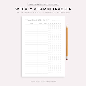 Planilha semanal de controle de vitaminas para imprimir, lista de suplementos, lembrete diário de ingestão de vitaminas, planejador de saúde e condicionamento físico, tamanhos A4/A5/Carta/Meia Folha